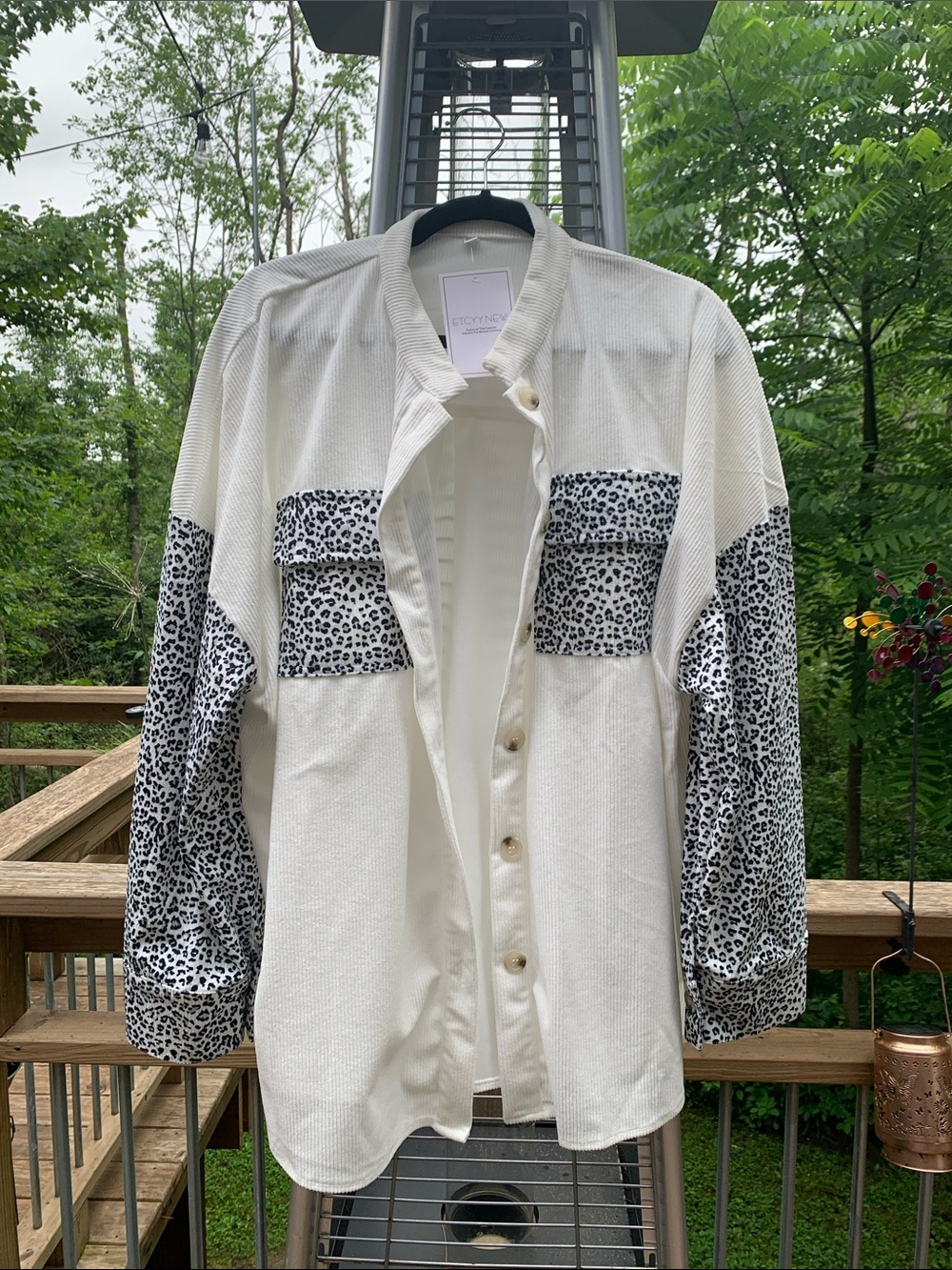 Amazon Women's Button-Down Shirt with Black and White Leopard Panels